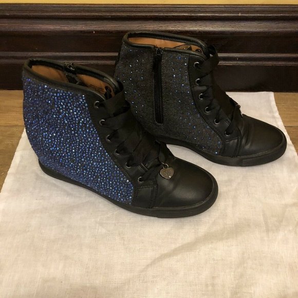 STUART WEITZMAN Girls Black High Top Sneakers Crystal Embellished Vance Wedge 3 - Picture 1 of 13